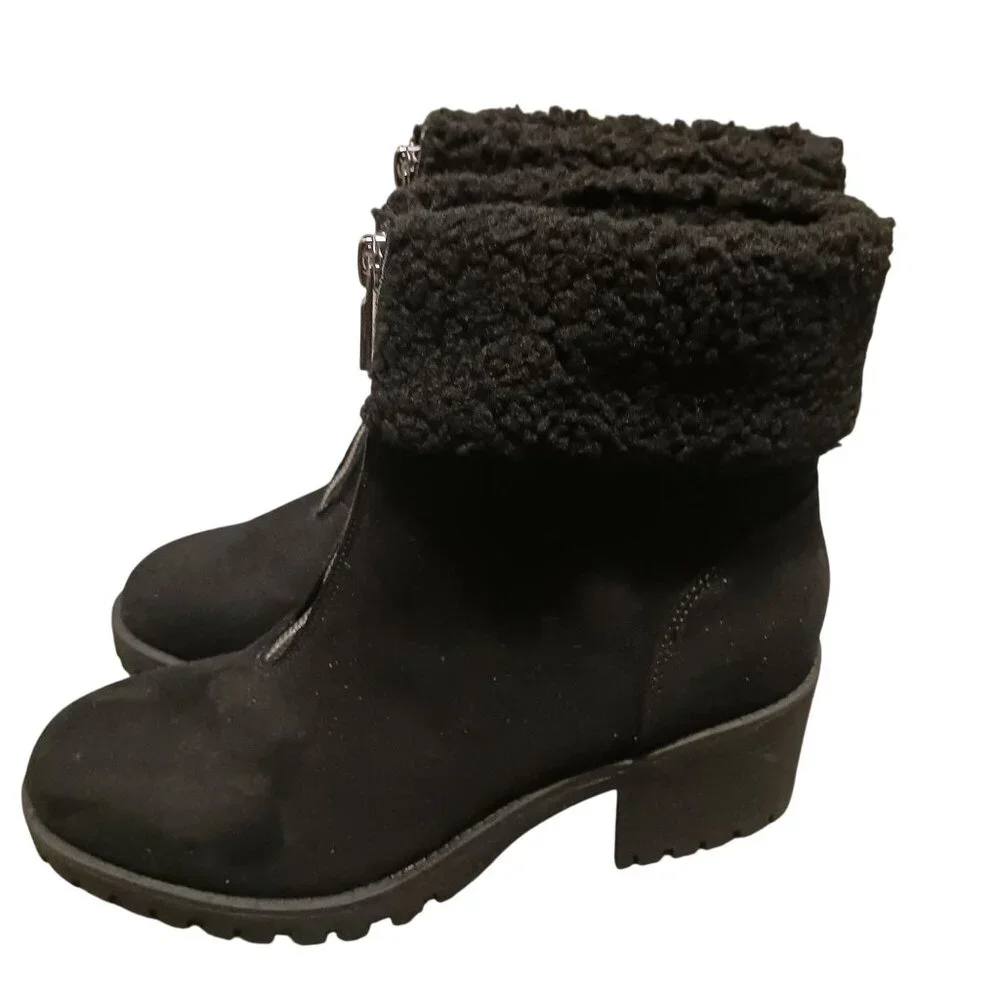 NEW Style &‎ Co Biancaa Faux Suede Lug Sole Booties Black Size 8.5 Front Zipper